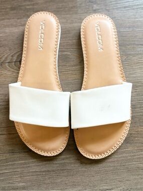 Volcom White Slide Sandals with Tan Footbed